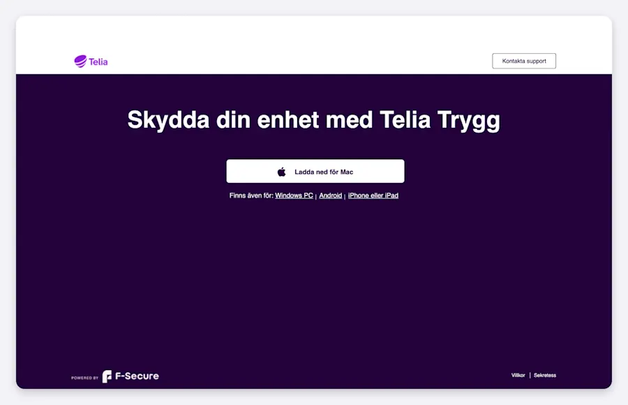Telia Trygg för Mac med knappen "Ladda ned för Mac".