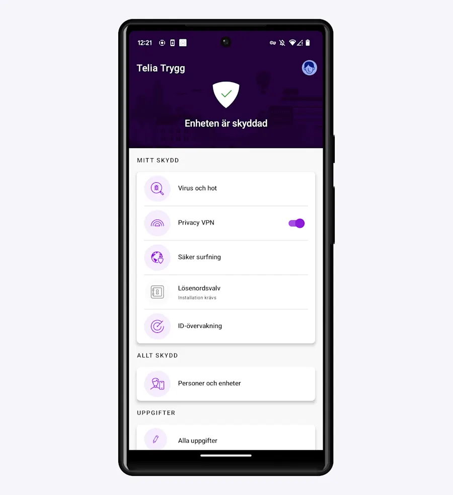 Nu ser du att din enhet är skyddad genom att det står högst upp i appen och det visas en sköld med en grön bock i.