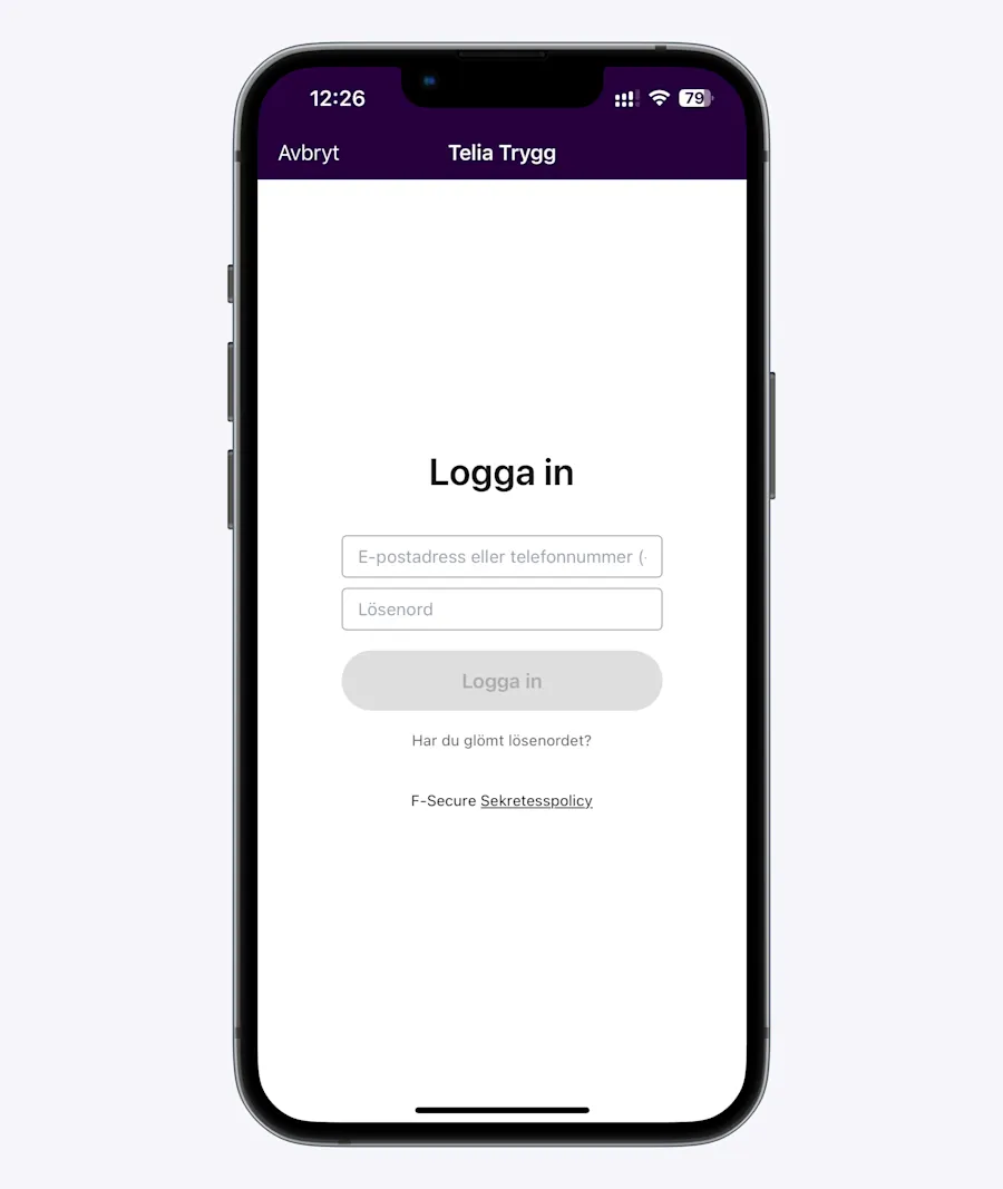 I Telia Trygg-appen för iOS visas nu en inloggningsvy där e-postadress och lösenord ska fyllas i.