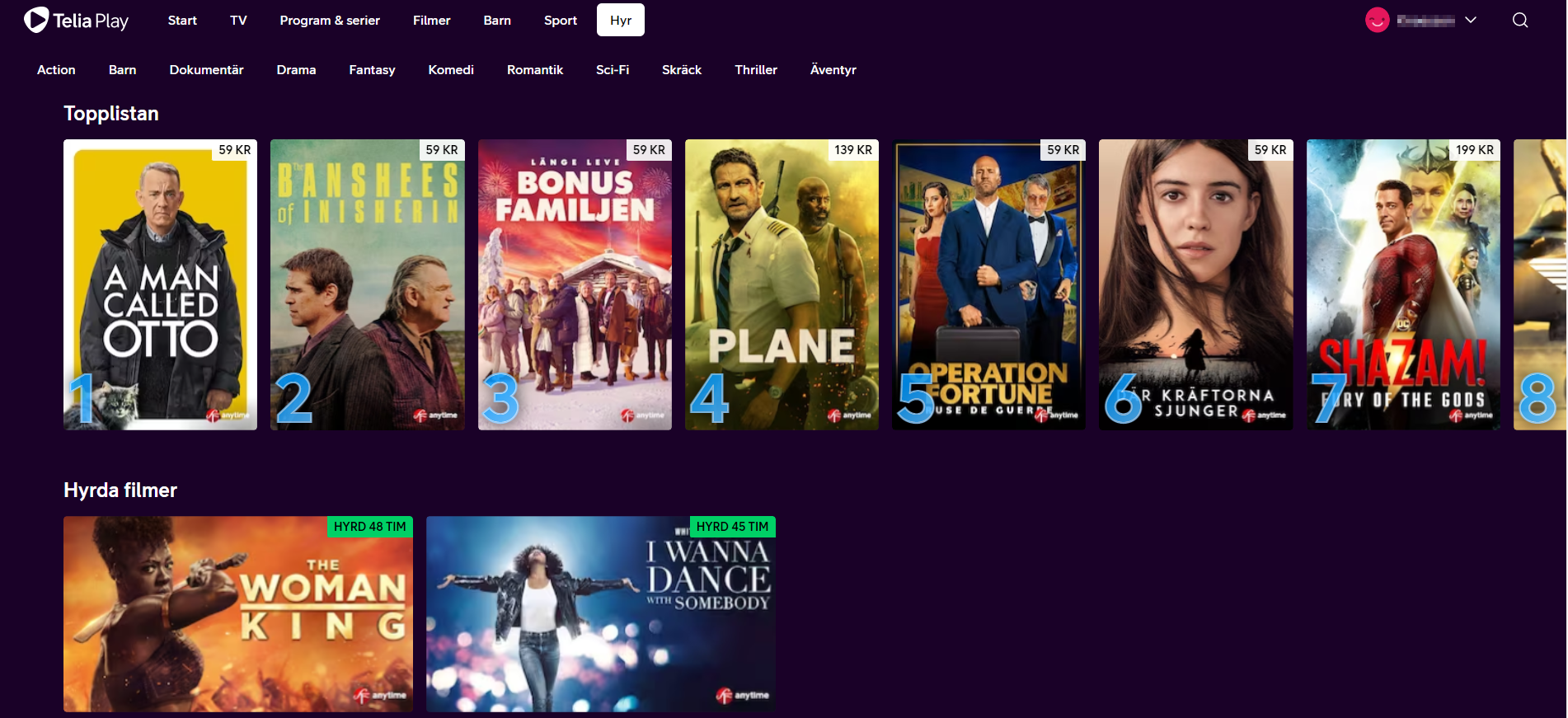 Om du vill se vilka filmer du har hyrt så hittar du dem under rubriken hyrda filmer.