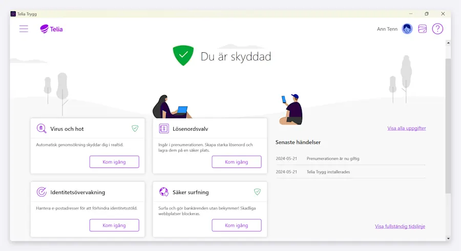 Telia Trygg för Windows är nu installerad och det visas en grön sköld med en vit bock att du är skyddad.