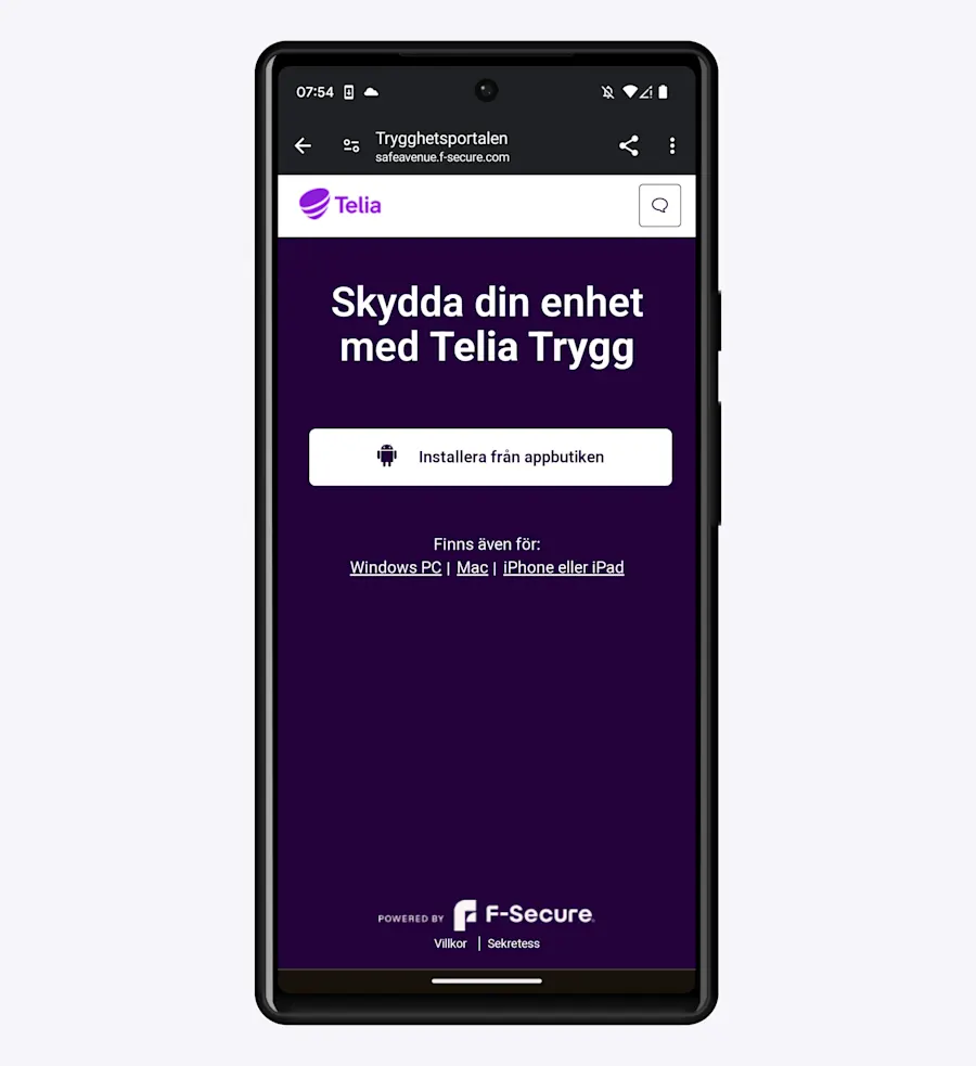 Telia Trygg med knappen installera från appbutiken.