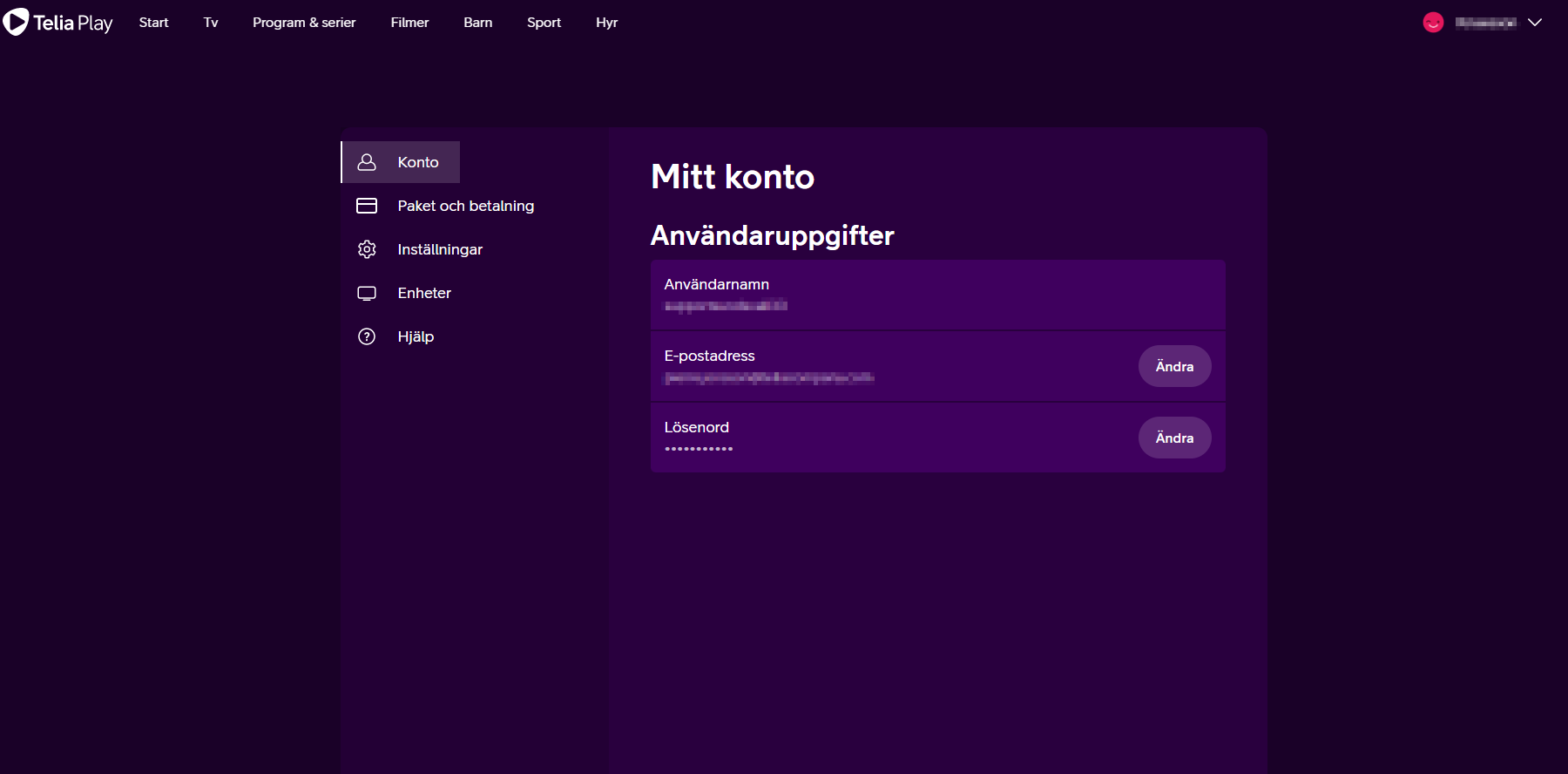 Under Mitt konto hittar du dina användaruppgifter