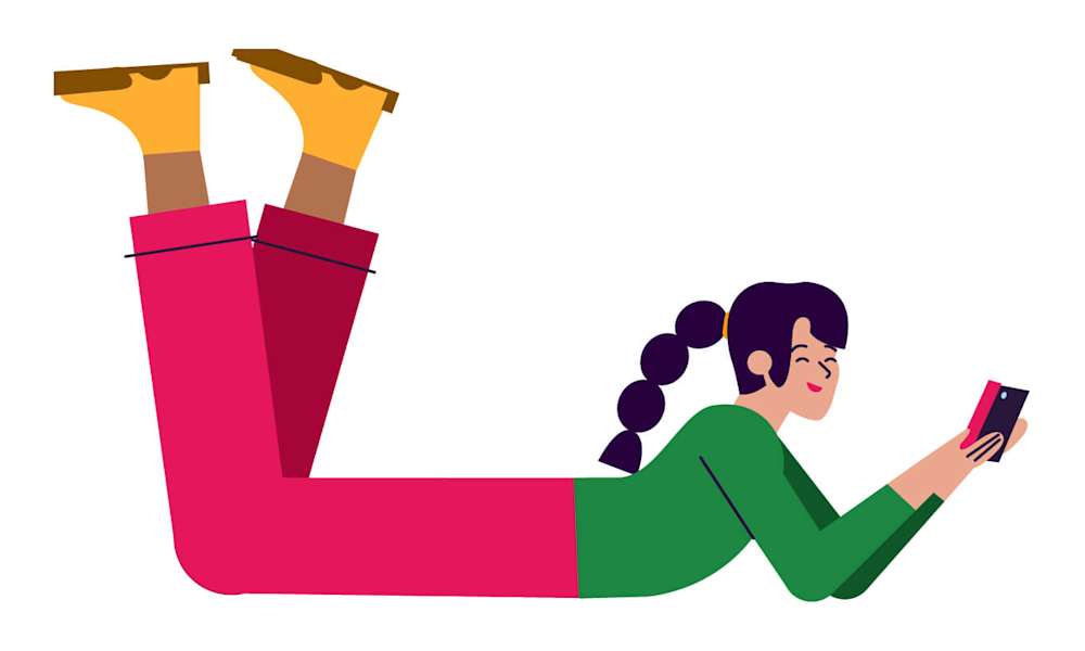 Illunstration av en liggande kvinna med mobiltelefon.