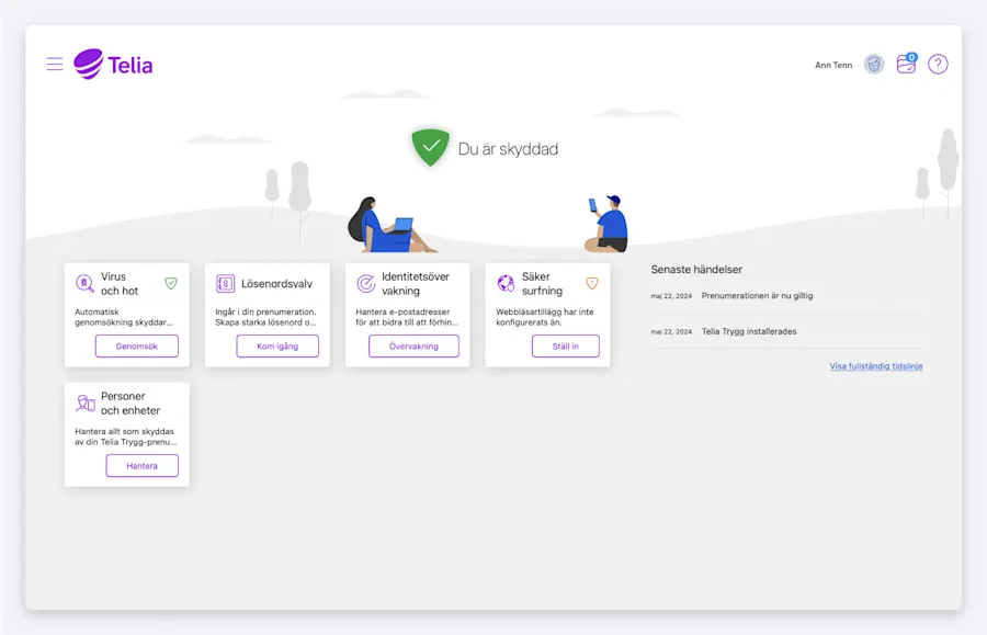 Telia Trygg för Mac där det står är en grön sköld med bock och står att du är skyddad.