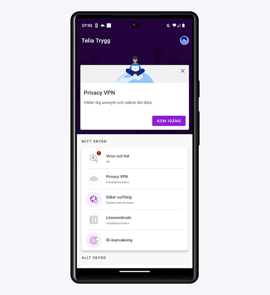 I appen Telia Trygg ska du nu komma igång med att aktivera Privacy VPN.