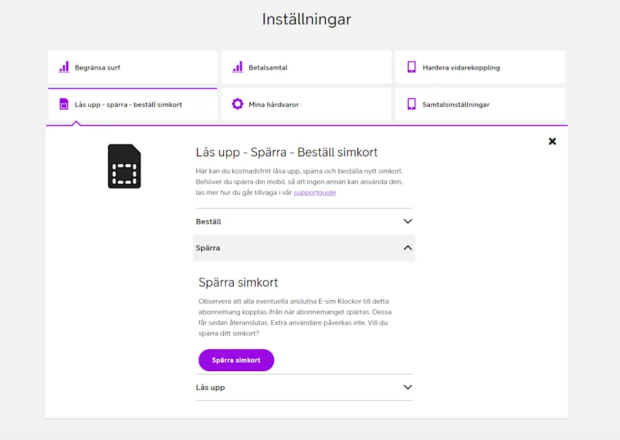 Hur du spärrar simkortet på Mitt Telia