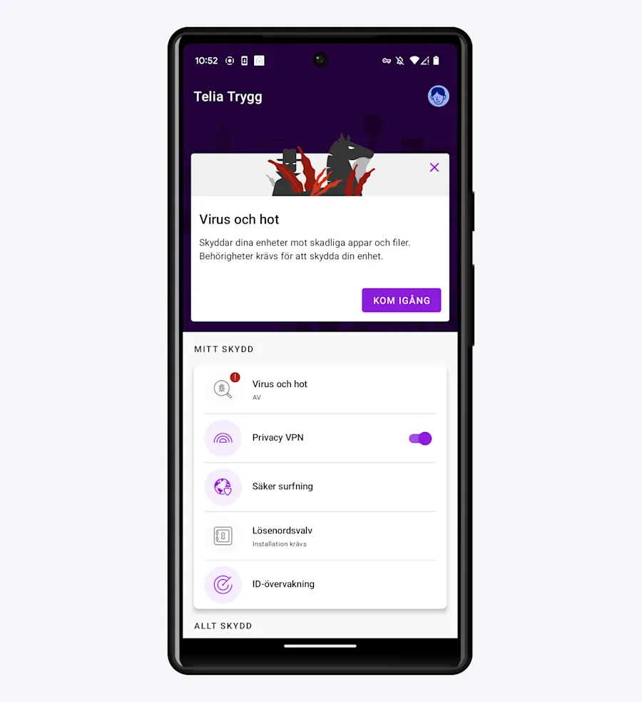 Klicka på knappen "Kom igång" för att fortsätta installationen av skyddet.
