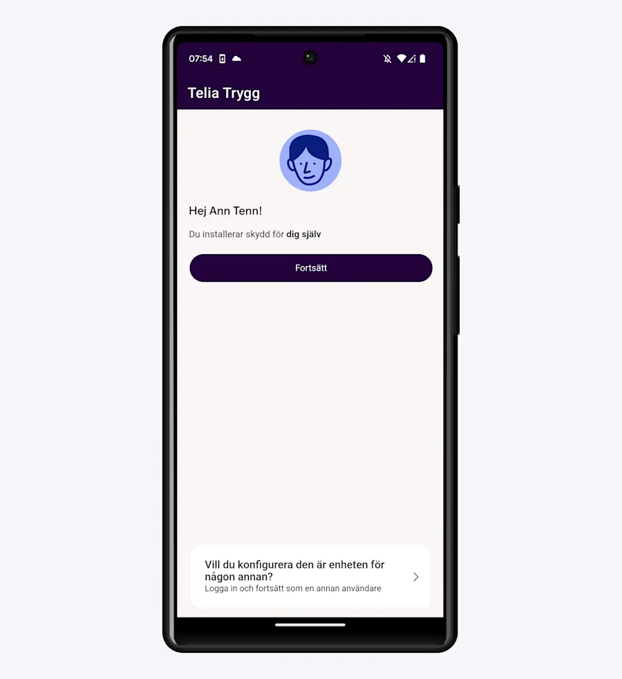 I appen Telia Trygg med lila knappen fortsätt.