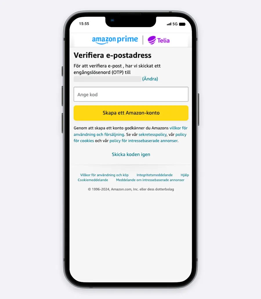I detta steg för att aktivera Amazon Prime behöver du fylla i den kod du får på sms.