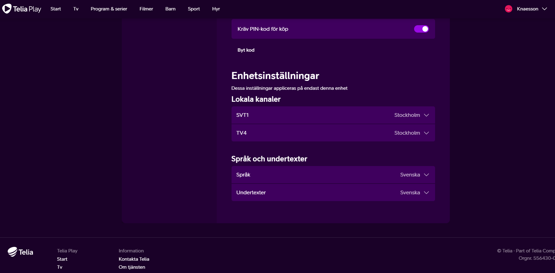 Undertextinställnigar för Telia Play