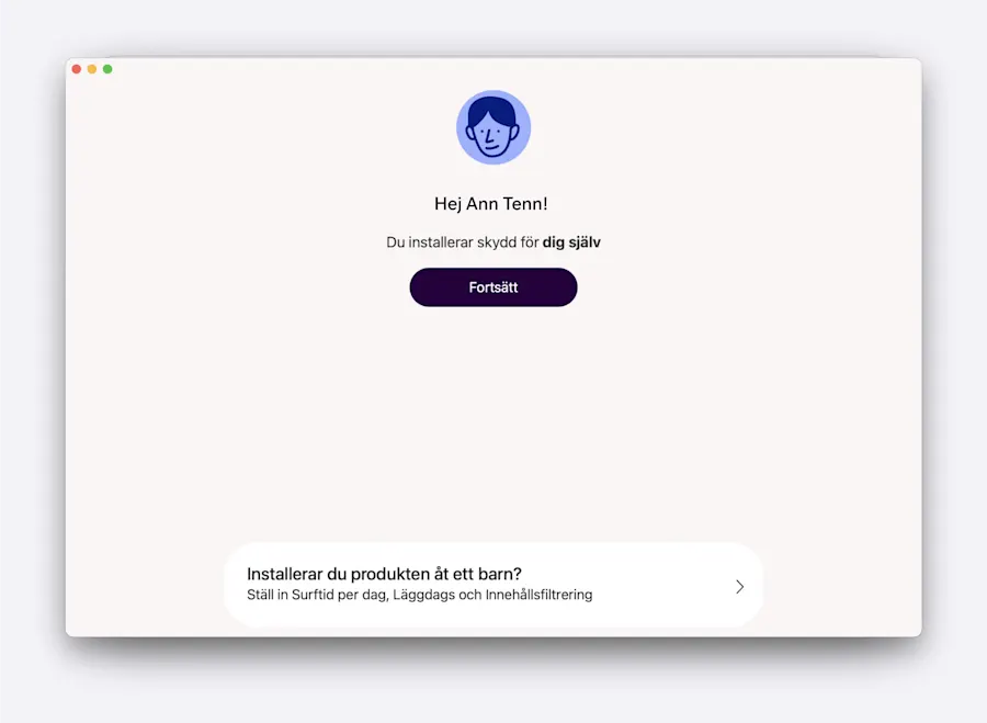 Telia Trygg för Mac där det visas en lila knapp där det står "fortsätt".