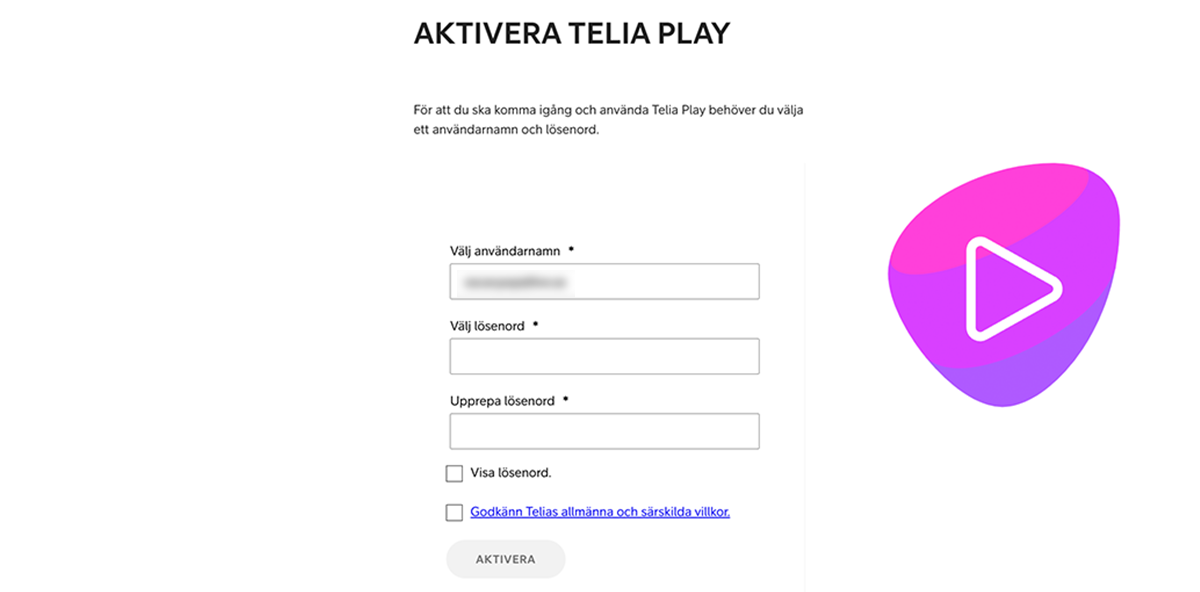 Här fyller man in sina uppgifter för att aktivera Telia Play.