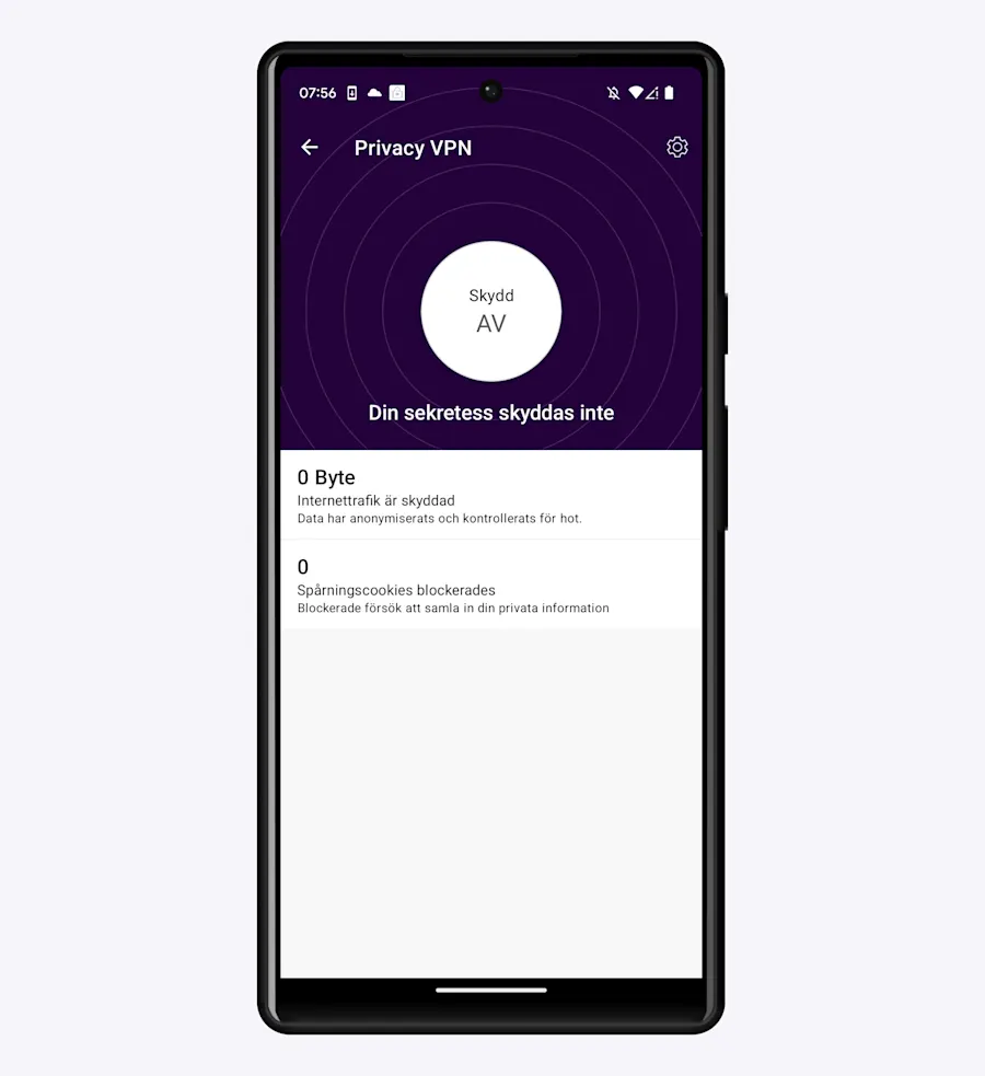 I Appen Telia Trygg på vyn som visar att enheten inte är skyddad.