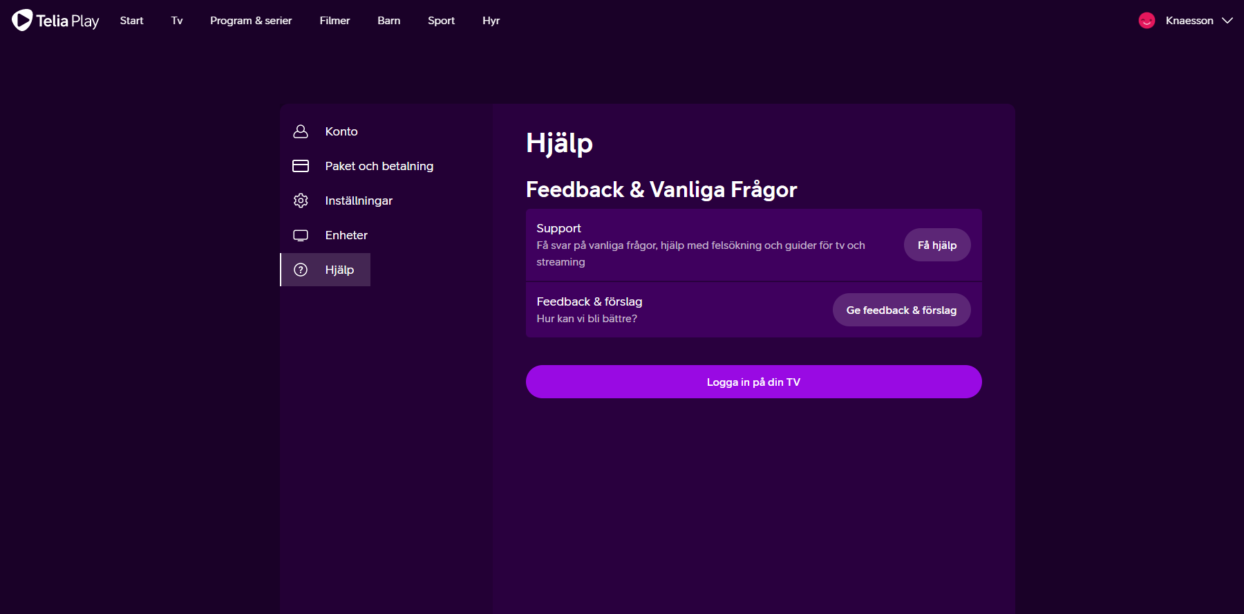 Hjälpsektionen i inställningar