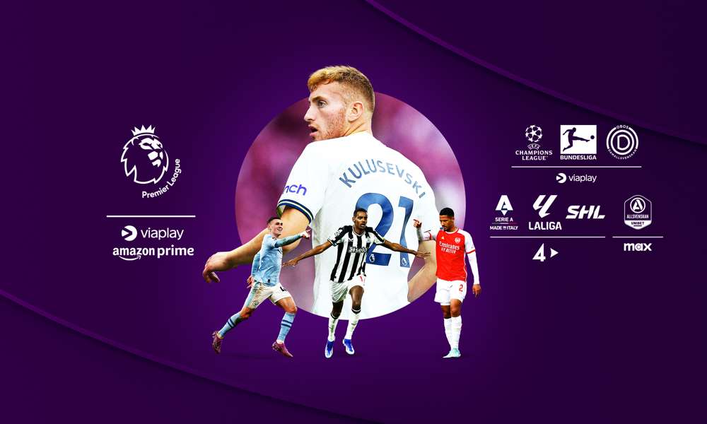 Spelarcollage med Dejan Kulusevski i förgrunden och andra spelare från Premier League i bakgrunden. Loggor från flera av de andra populära fotbollsligorna som exempelvis UEFA Champions League som du kan samla i All sport-paketet från Telia. 