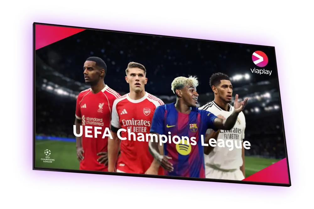 En tv-skärm med aktuella fotbollsspelare från UEFA Champions League 2025/2026 med Viaplay och UEFA Champions League logotyper i varsitt hörn.