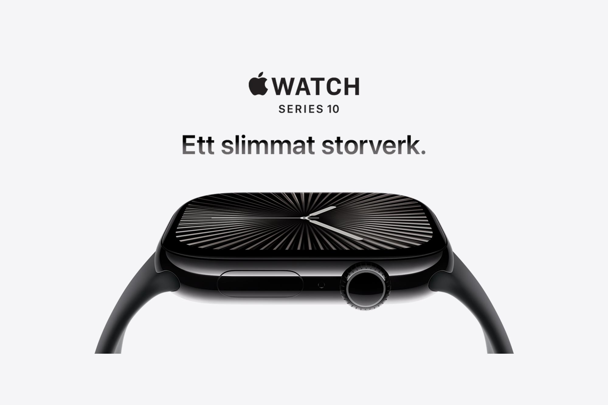 Apple Watch S10 (Series 10) i färgen svart med texten: "Ett slimmat storverk".
