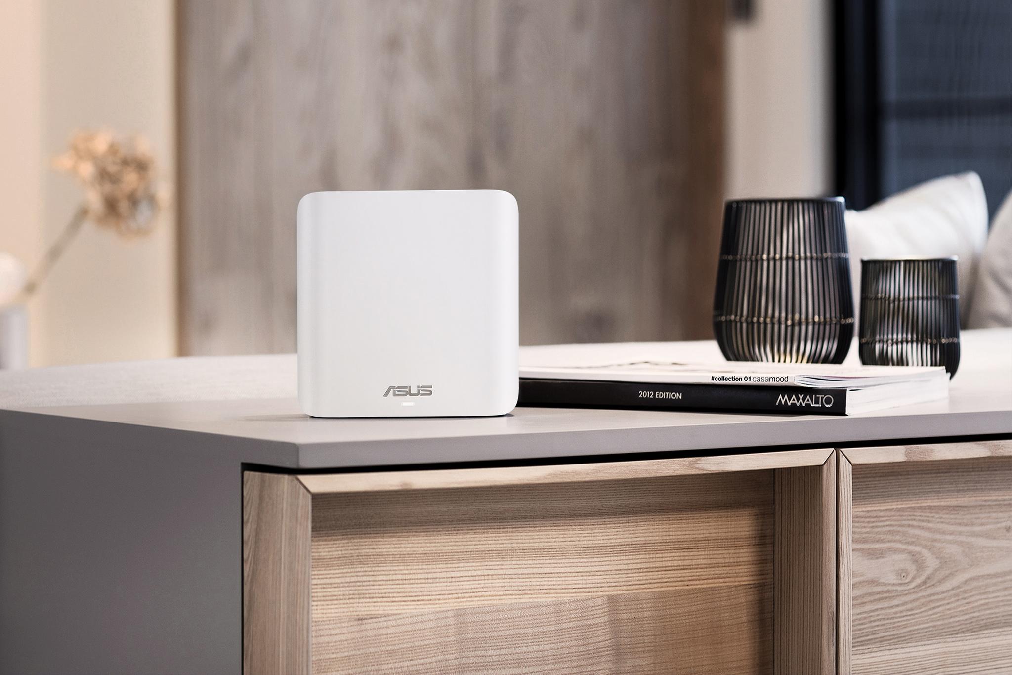 Routern ASUS ZenWifi BD4 i hemmiljö.