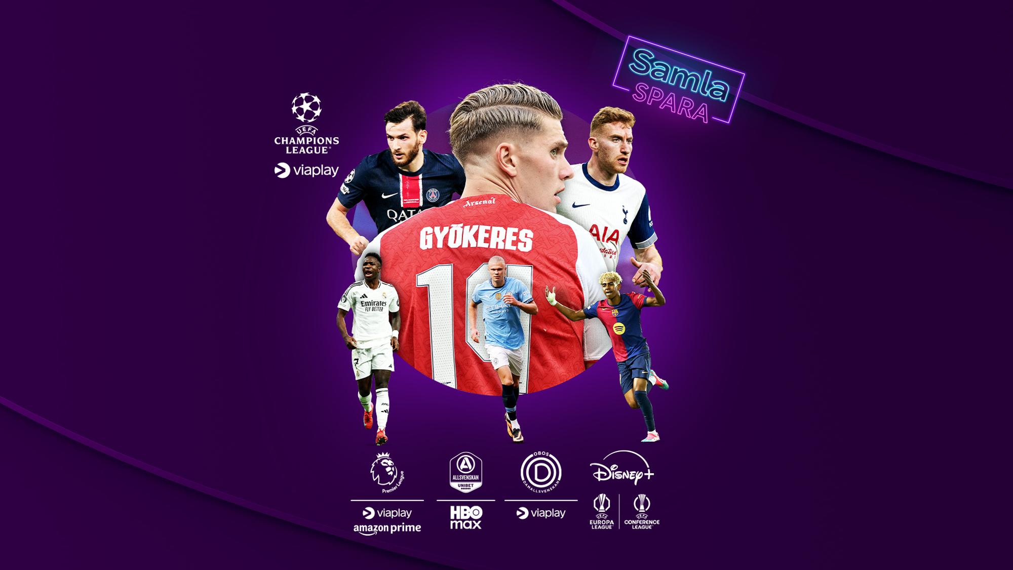 Aktuella fotbollsspelare i Champions League 2025/26 tillsammans med streamingtjänsternas loggor och dess sporträttigheter som ingår i Stora sportpaketet.