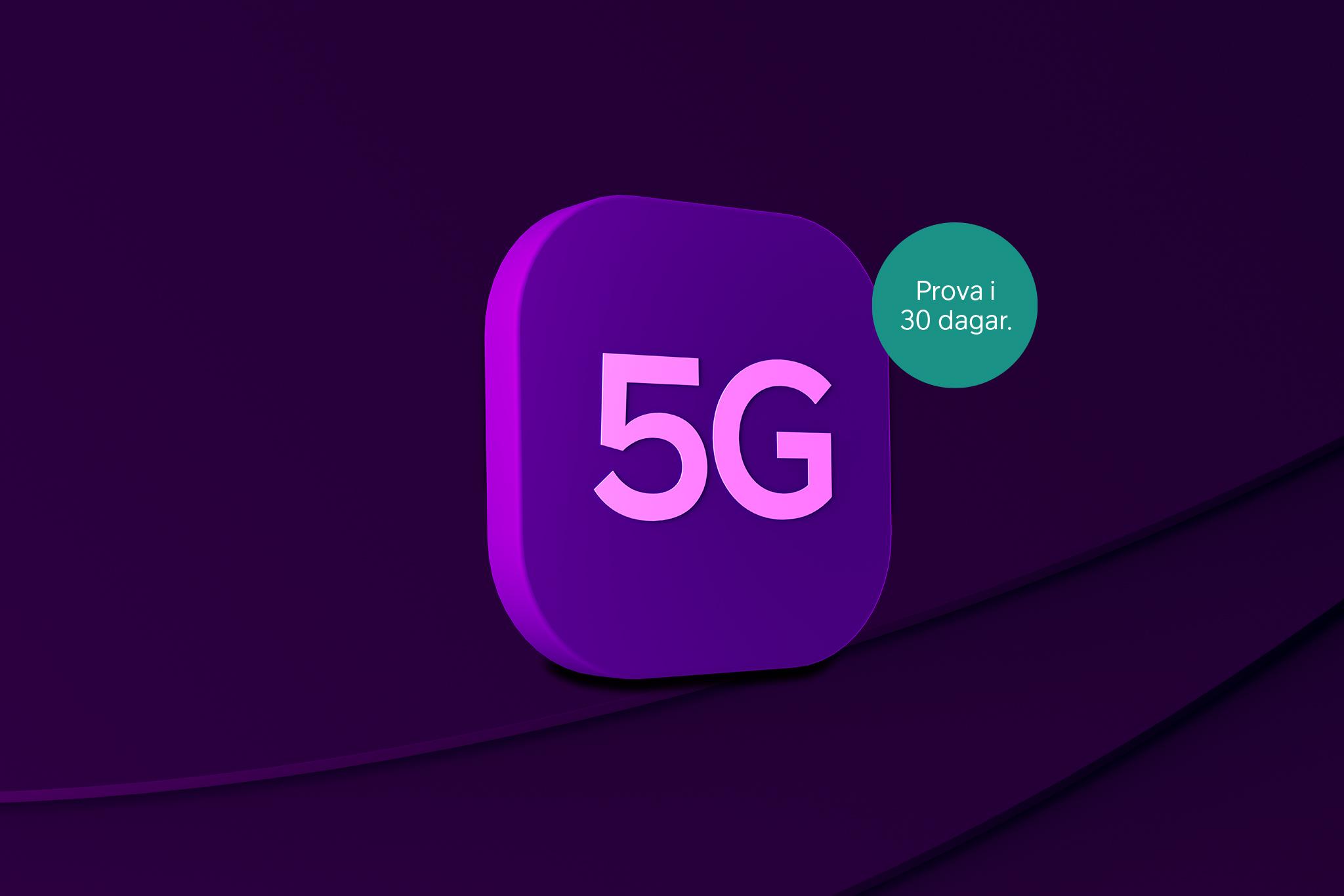 En 5G-ikon, som symboliserar vårt 5G-bredband med en splash bredvid och texten: "Prova i 30 dagar" som kännetecknar vår nöjdhetsgaranti.