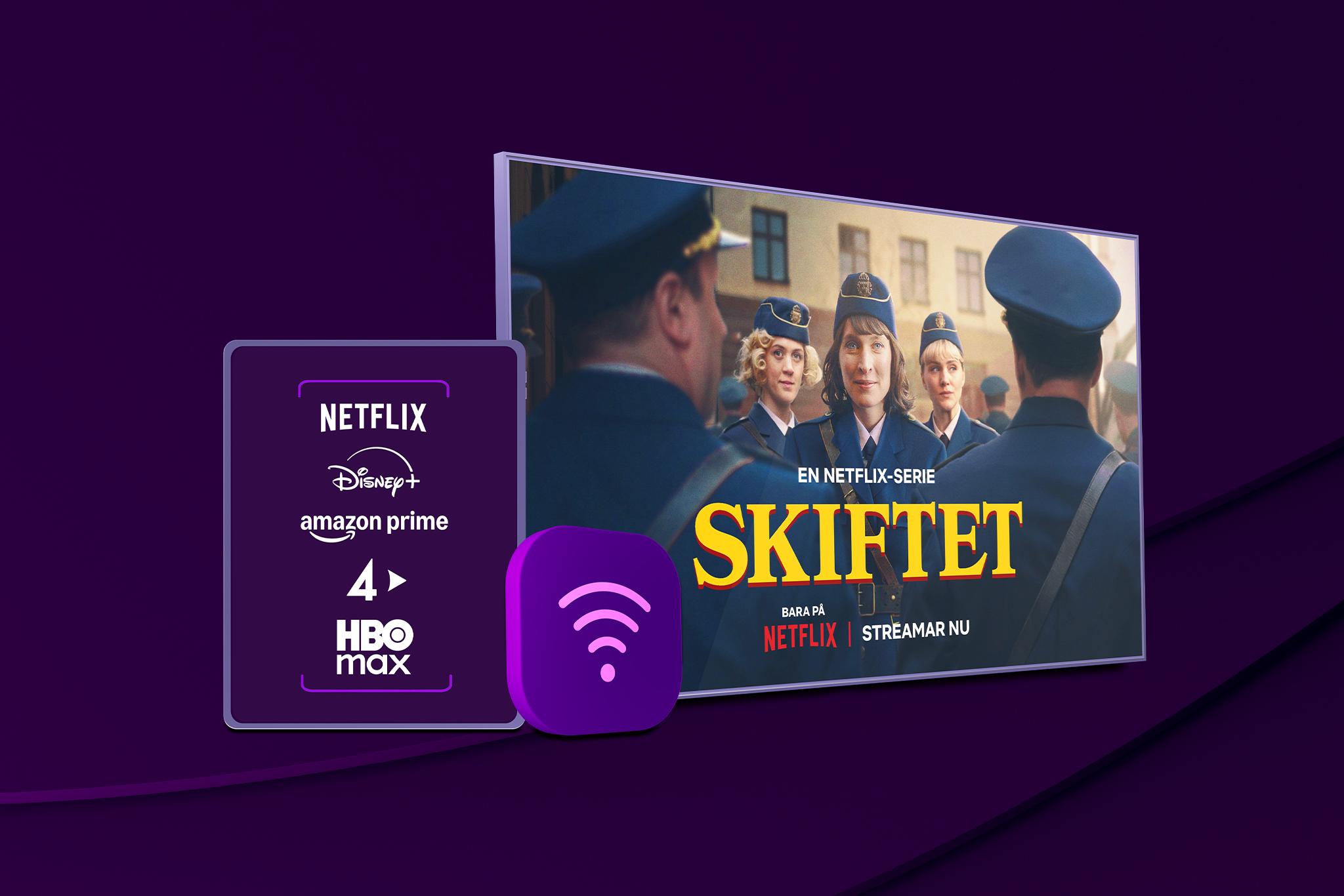 En wifi-symbol och en tv-skärm bredvid, med innehåll från Netflix-serien "Skiftet", som har premiär och går att streama på Netflix från den 3 oktober 2025.