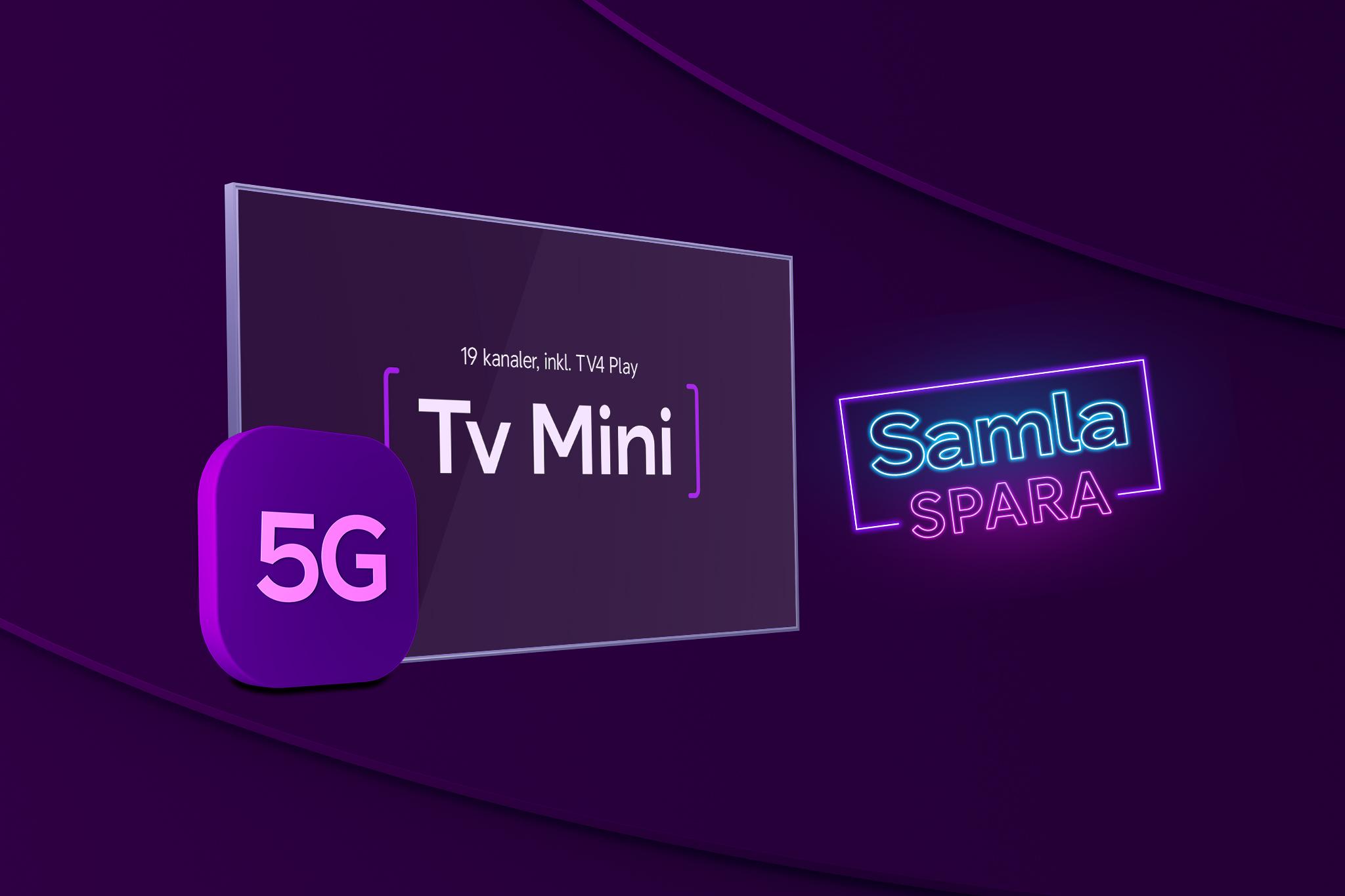 En 5G-symbol med en tv-skärm bredvid med texten "Tv Mini" och "19 kanaler, inkl. TV4 Play" ovanför – som representerar vårt populära tv-paket Tv Mini. Samla och spara när du köper tillsammans med vårt 5G-bredband.