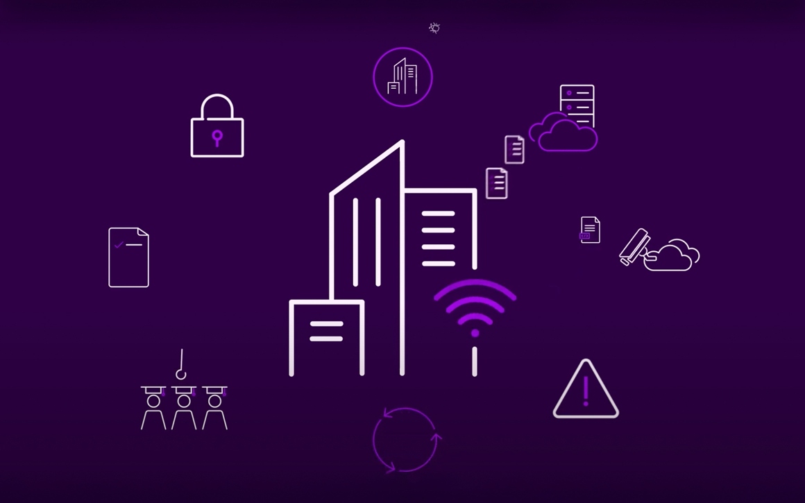 Ikoner och grafik som visualiserar Telias byggstenar för företags cybersäkerhet
