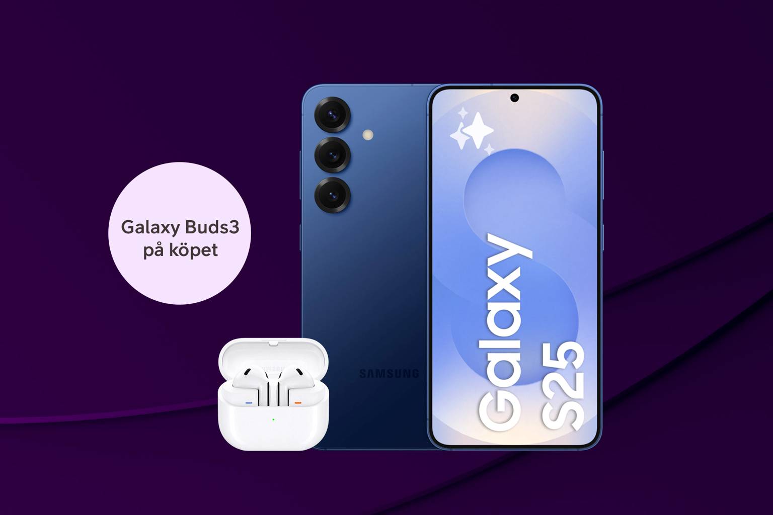 Samsung Galaxy S25 och hörlurarna Buds3 i vit färg