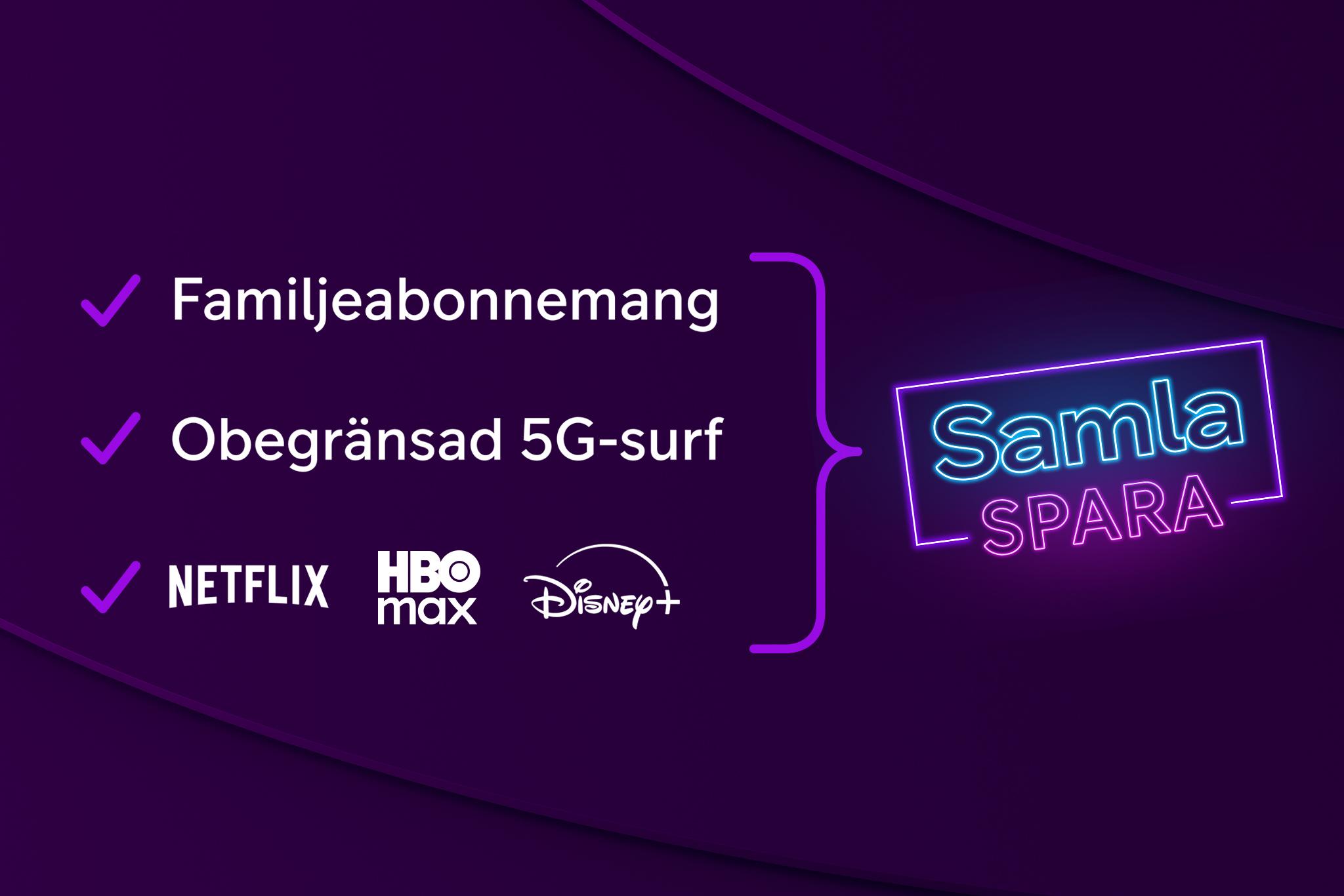 Mobilabonnemang med 5G surf, familjeabonnemang och netflix, max och disney+