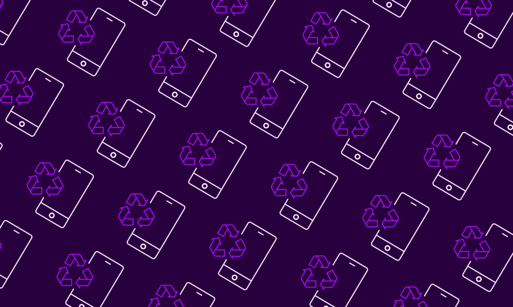 Flera ikoner som föreställer en mobiltelefon med återvinningssymbol vid sig på en mörklila bakgrund.