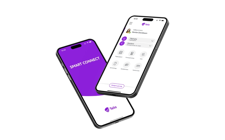 Två mobiler som visar inloggningssidan och startsidan för Telia Smart Connect appen.