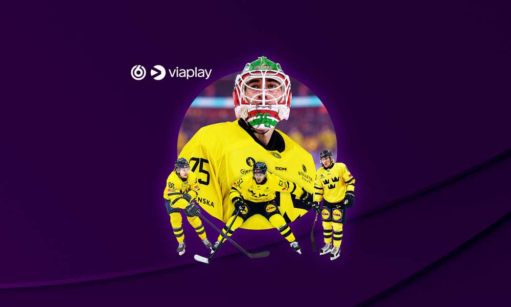 TV6 och Viaplay's logotyper tillsammans med aktuella ishockeyspelare från det svenska landslaget. Streama hockey-VM 2025 på Viaplay och TV6 med Telia!