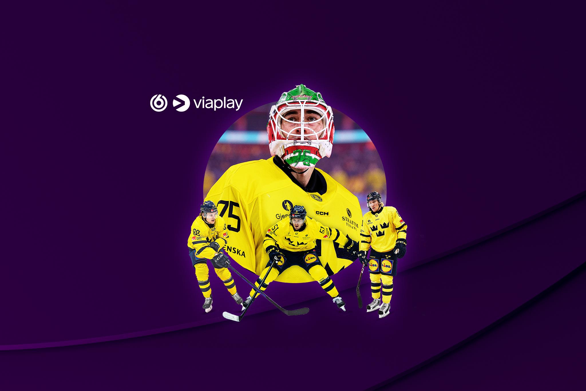 TV6 och Viaplay's logotyper tillsammans med aktuella ishockeyspelare från det svenska landslaget. Streama hockey-VM 2025 på Viaplay och TV6 med Telia!