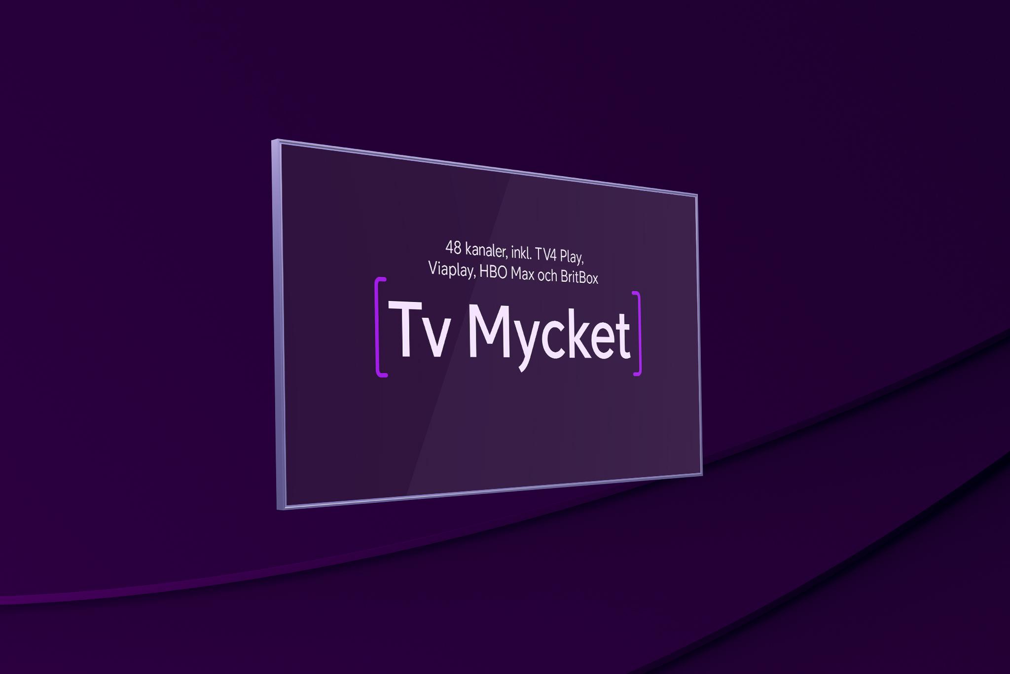 Tv-skärm med texten "Tv Mycket" och "46 kanaler, inkl. TV4 Play, Viaplay, HBO Max och BritBox." ovanför, mot mörklila bakgrund – som representerar vårt maxade tv-paket Tv Mycket.