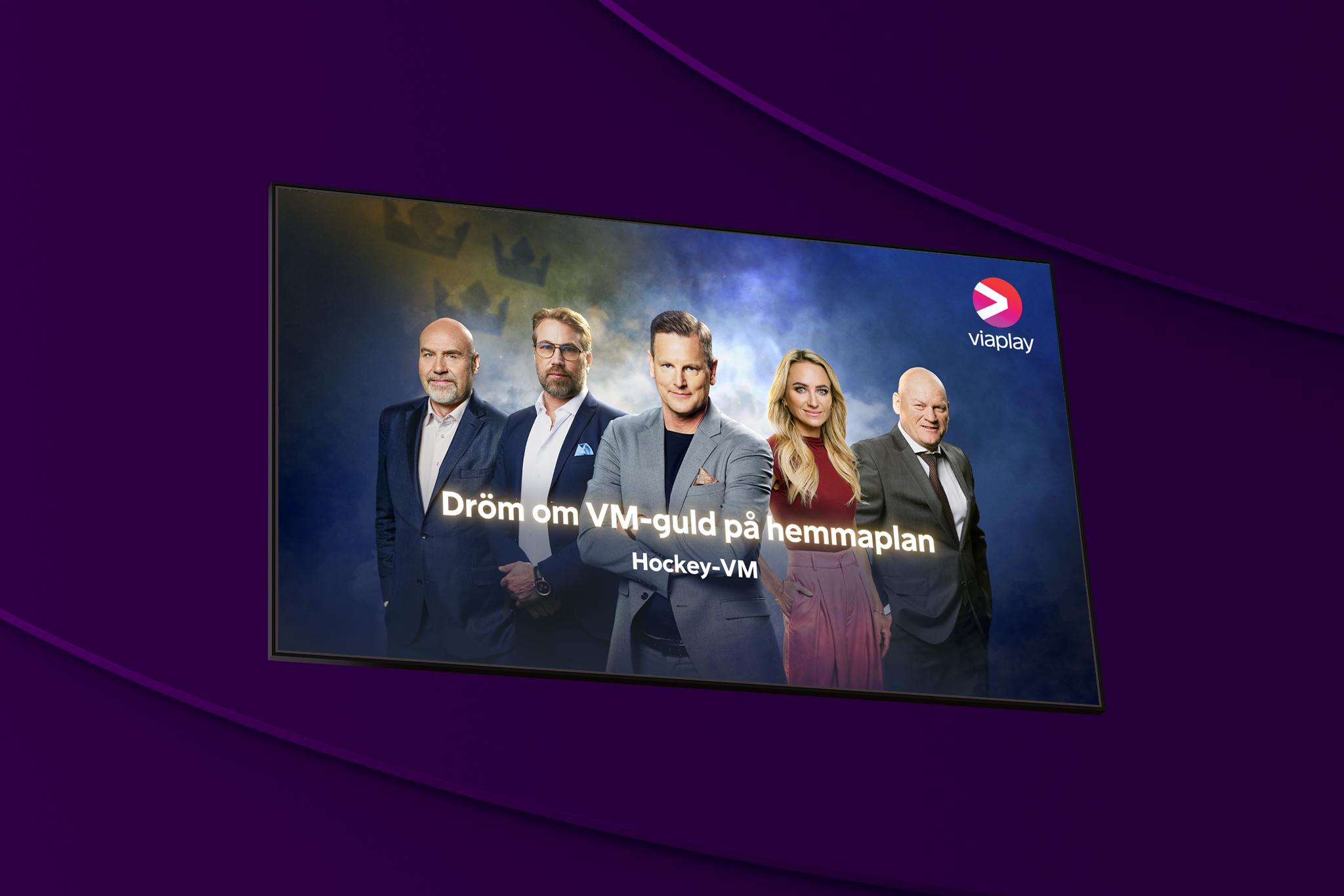 En tv-skärm med årets kommentatorer och experter under hockey-VM 2025 på Viaplay.