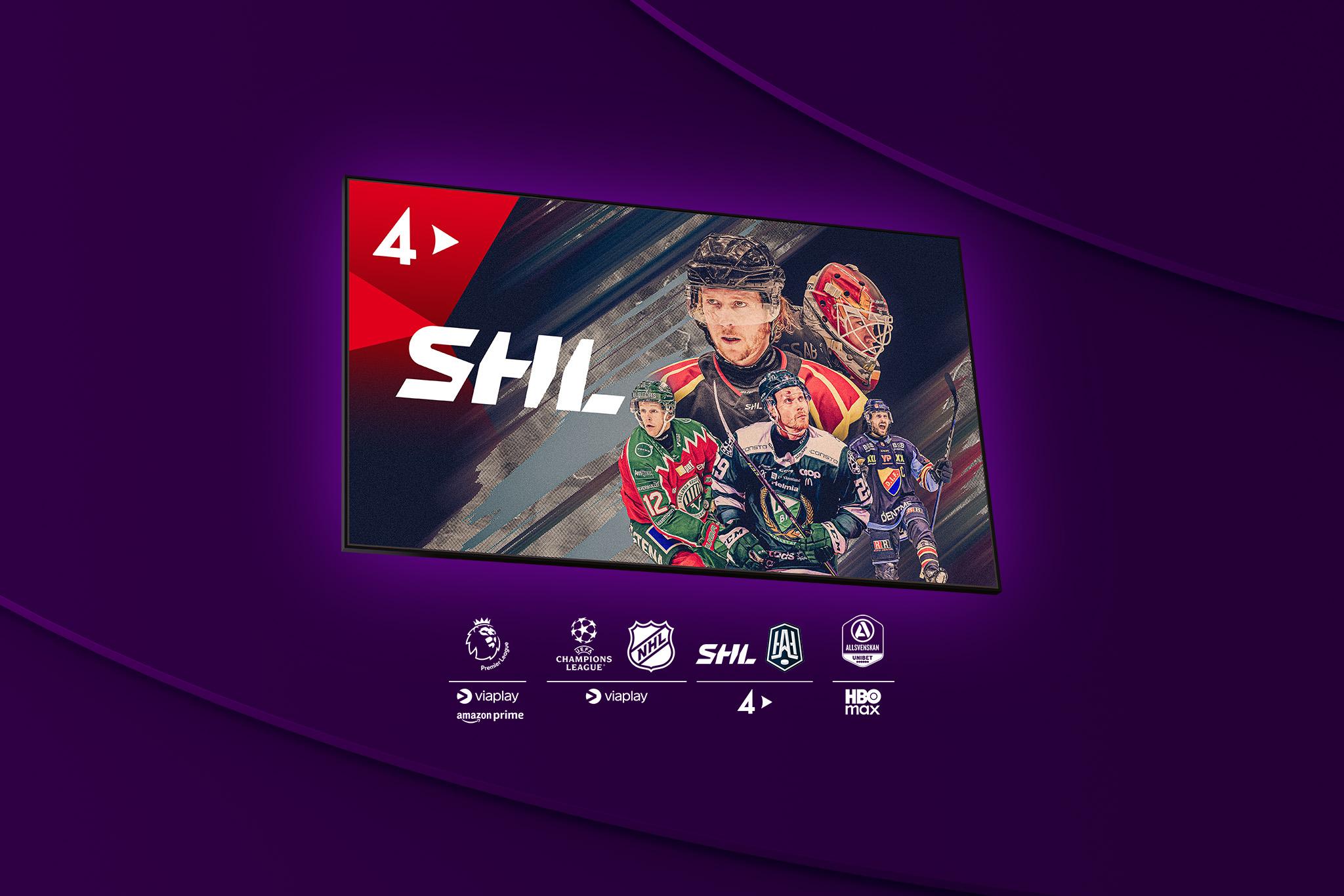 Aktuella hockeyspelare från SHL 2025, som du kan streama på TV4 Play i höst, med loggor på respektive streamingtjänst och dess sporträttigheter som vårt största sportpaket innehåller.  Köp Största sportpaketet på Telia nu!