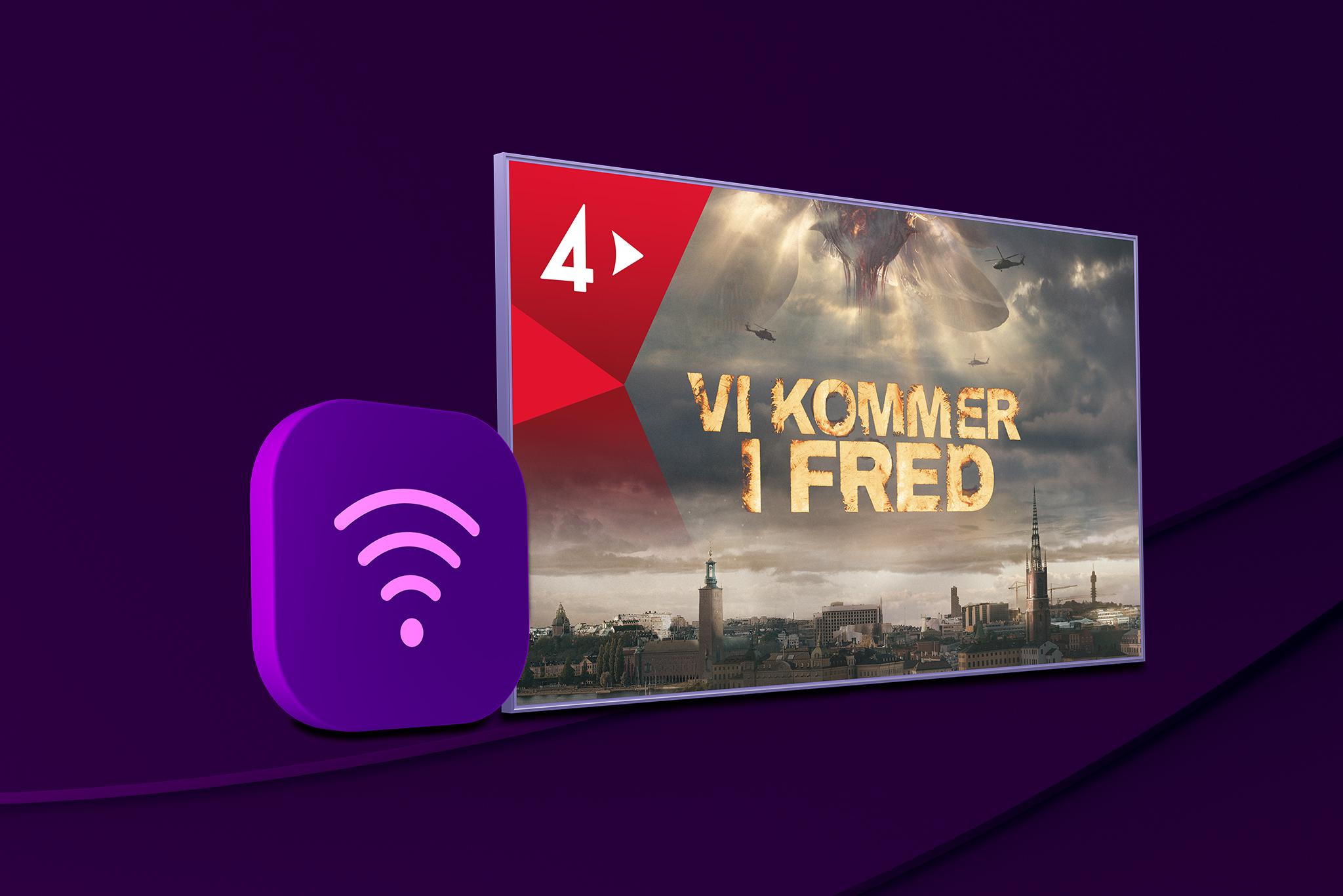 En wifi-symbol och en tv-skärm med innehåll från Vi kommer i fred på TV4 Play. Samla och spara när du köper bredband och tv tillsammans hos Telia!