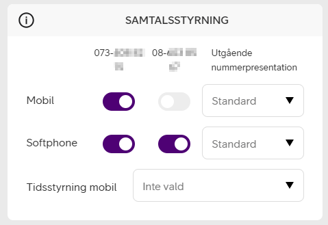 Nummerstyrning på användarnivå i växeln Telia Smart Connect