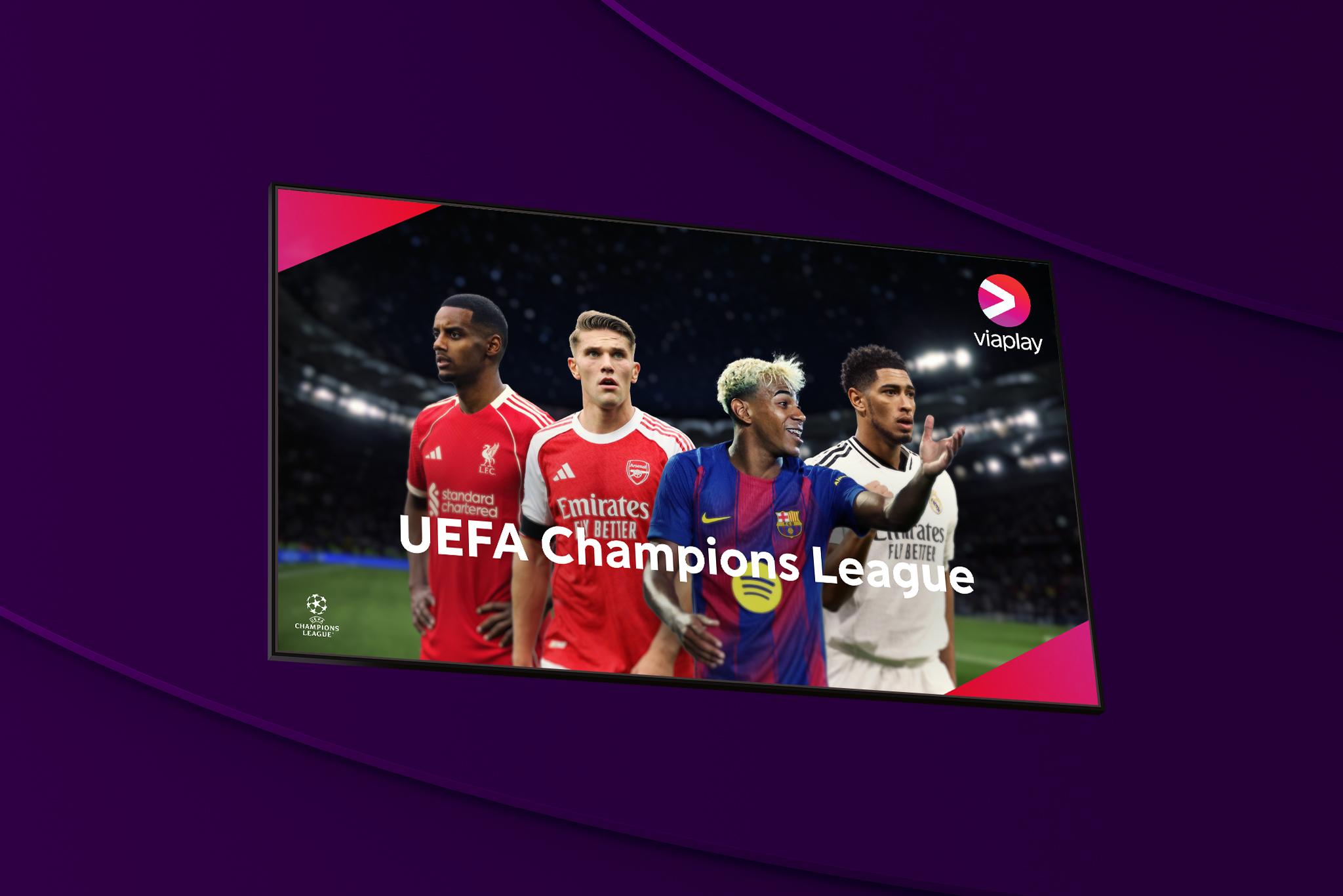 En tv-skärm med aktuella fotbollsspelare från UEFA Champions League 2025/2026 i mitten, med Viaplay och UEFA Champions League logotyper i varsitt hörn intill.