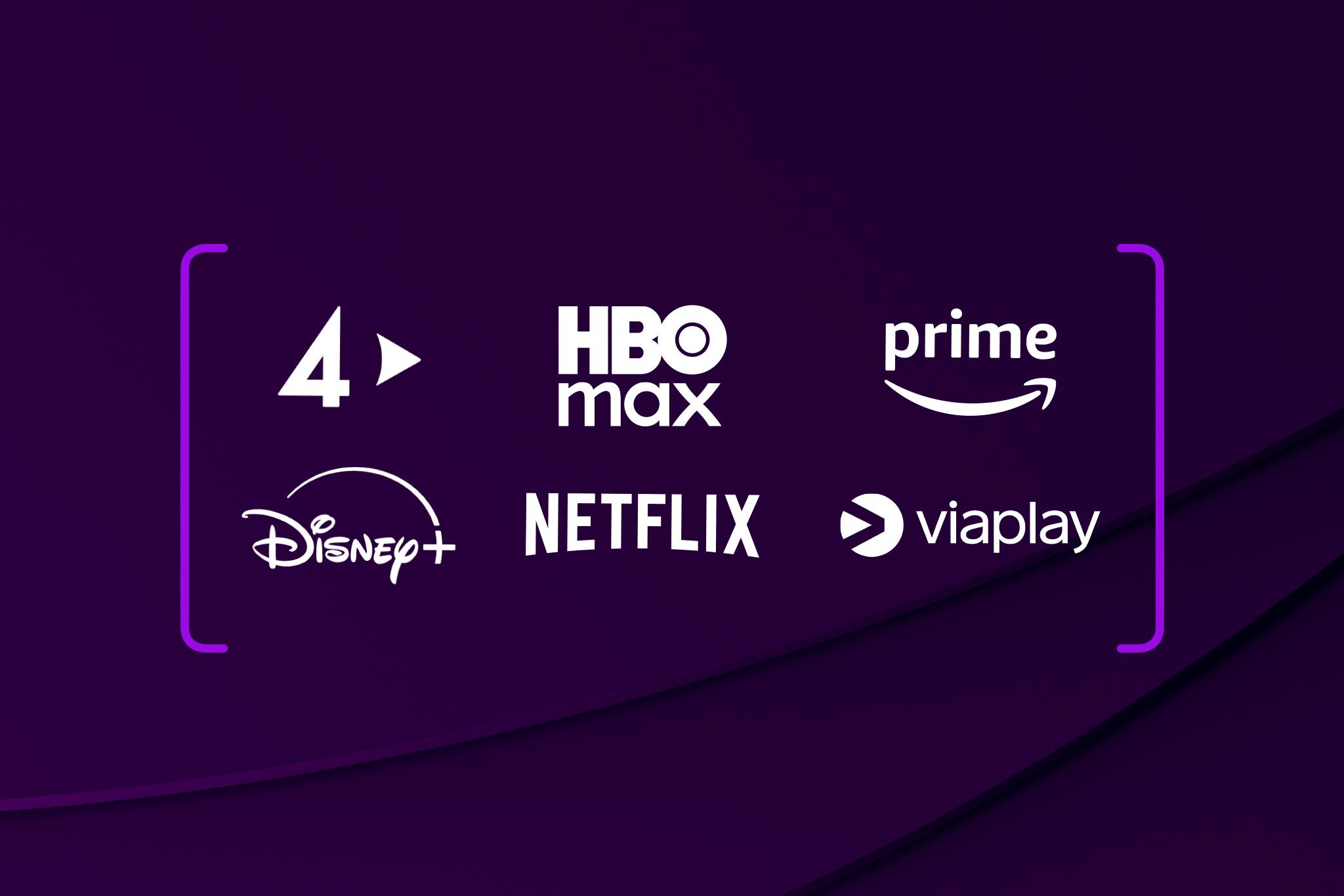 TV4 Play, Disney+, Max, Netflix, Amazon Prime och Viaplays logotyper, mot mörklila bakgrund.