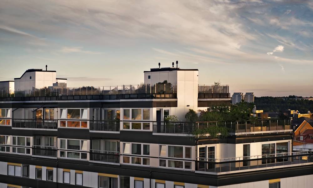 Kontor med vit fasad och takterrasser 