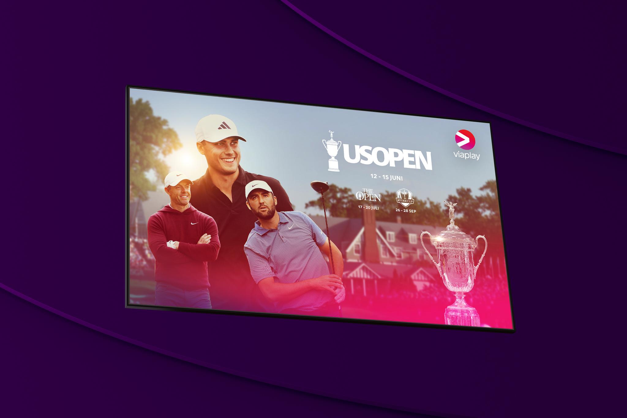 En tv-skärm med innehåll från US Open, som du kan streama på Viaplay med Telia den 12–15 juni 2025.