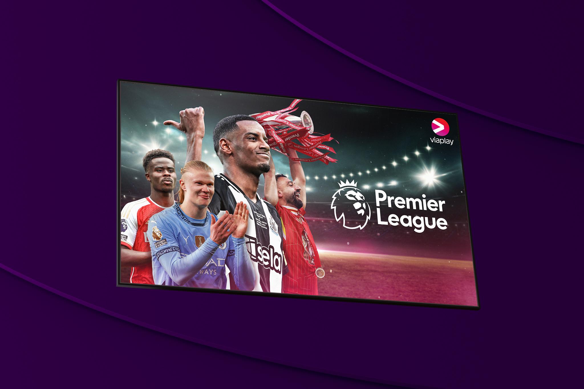 Aktuella fotbollsspelare från Premier League 2025/2026 med Viaplay och Premier Leagues logotyper bredvid. 