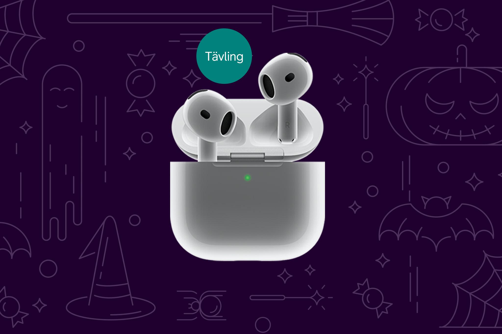 Bild till halloween-tävling för förmånskunder. Bilden visar ett par Apple Airpods 4 på lila bakgrund med illustrationer.