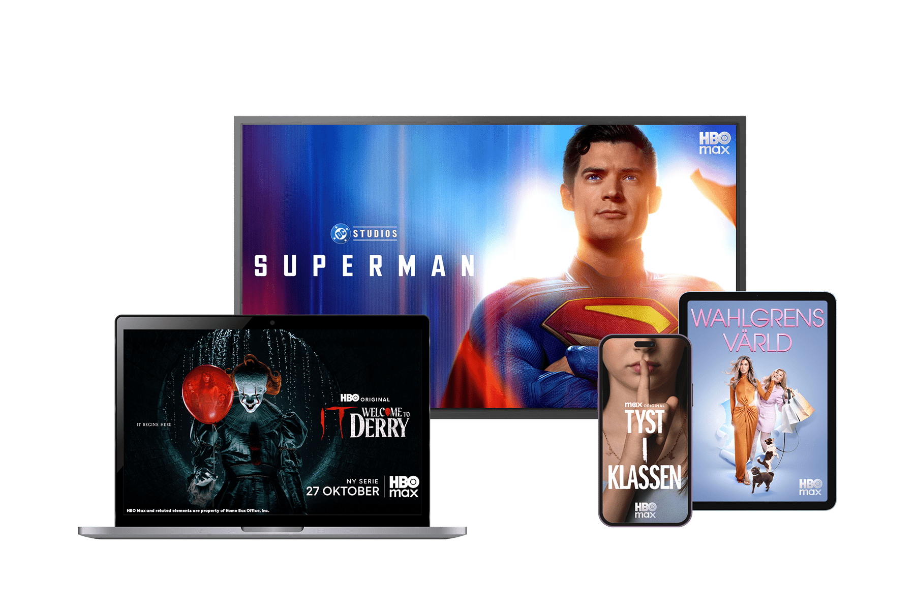 Fyra skärmar med innehåll från aktuella titlar som går att streama på streamingtjänsten HBO Max just nu med Telia och något av våra streamingpaket med HBO Max.