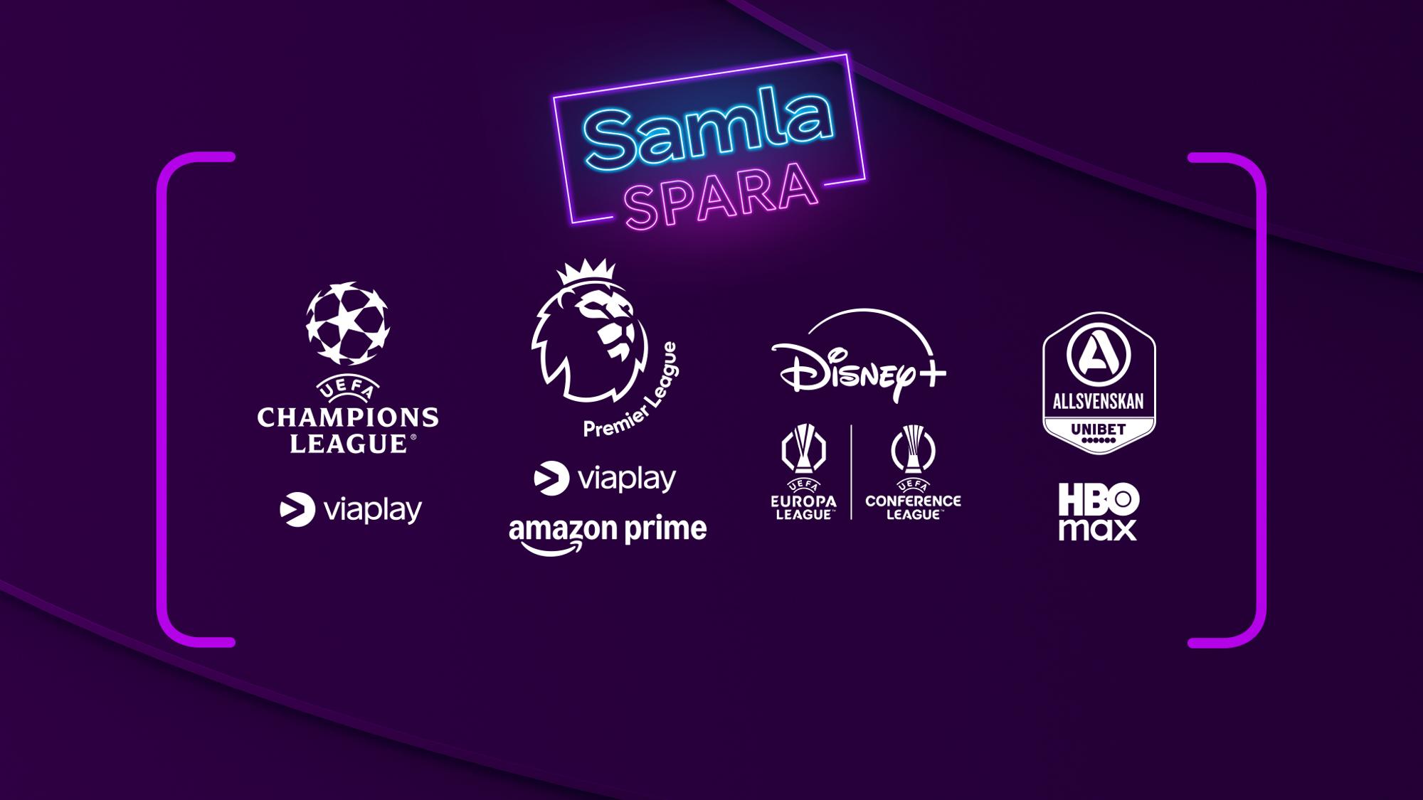 Loggor med streamingtjänsterna som ingår i Största sportpaketet: Viaplay, Amazon Prime, Disney+ och HBO Max med dess ligor bredvid en neon-logga med texten: "Samla och spara".