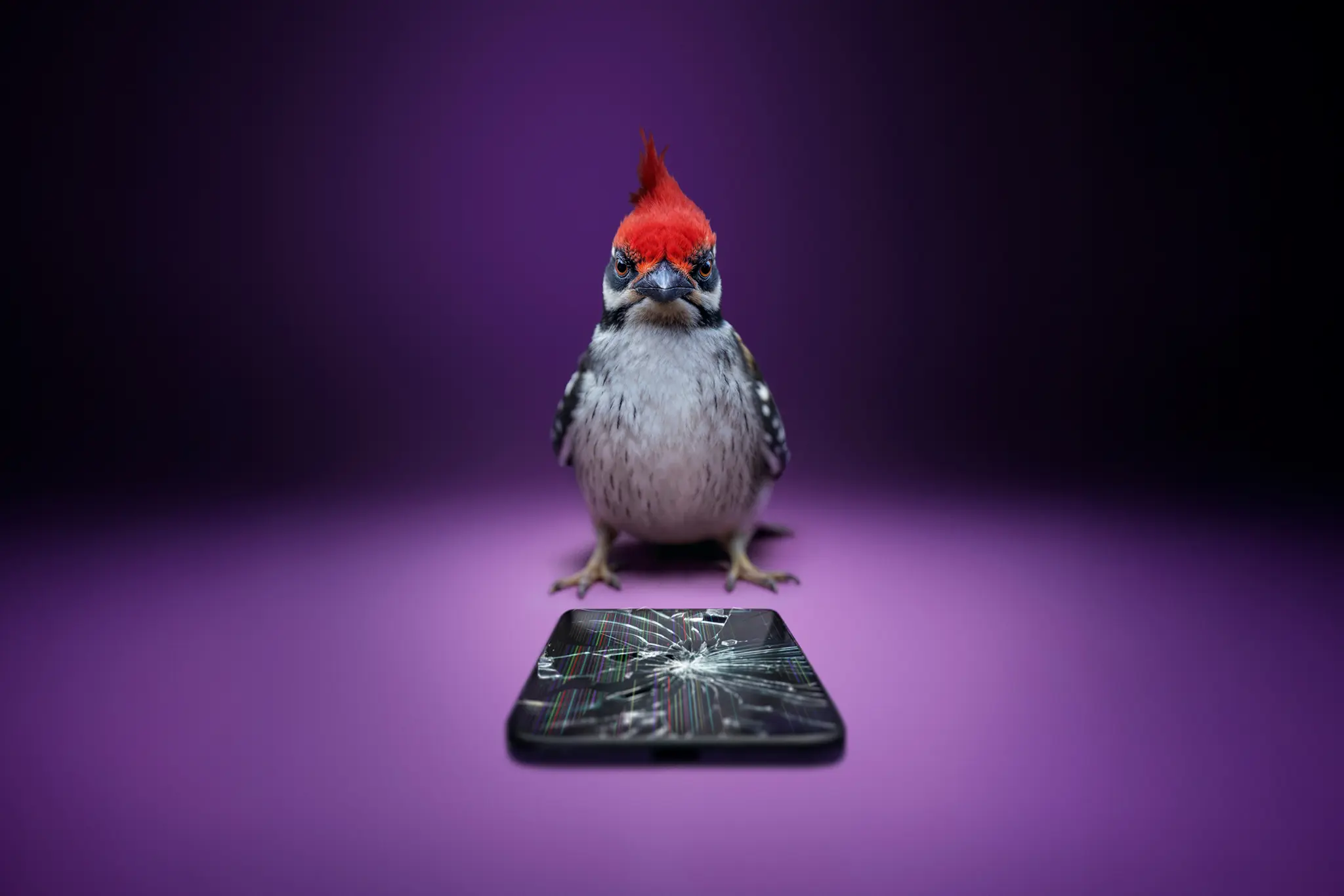 Telefon som blivit hackad av en hackspett